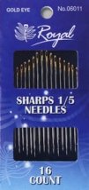 Sharps 1/5 (16шт) Набор длинных игл для шитья с золотым ушком Royal (Япония)