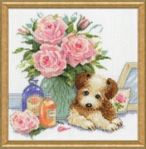 Набор для вышивания крестом "Puppy with Roses//Щенок с розами" Design Works