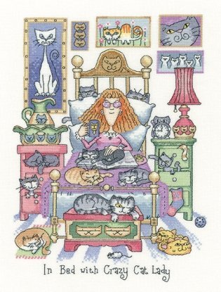 Набір для вишивання хрестиком "У ліжку з Crazy Cat Lady//In Bed with Crazy Cat Lady" Heritage Crafts